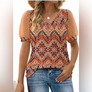 V Neck Top with Dot Puff Short Sleeves, Sz. Sm. P-T-P 19” NWOT Retails $24